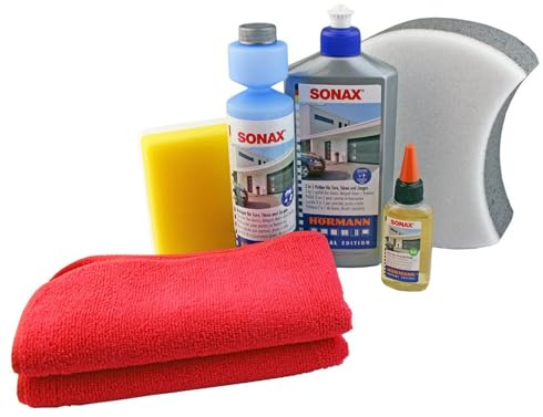 Hörmann SONAX Juego de limpieza y cuidado de 7 piezas (500 ml de abrillantador 2 en 1 para puertas, portones y marcos, aceite, paños de microfibra, producto de limpieza, 2 esponjas) 4020356