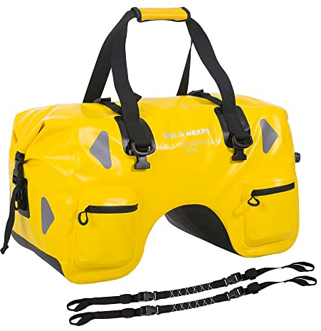 WILD HEART Bolsa Trasera Moto Impermeable en Forma de U de 70L - Maleta Seca Moto Fácil de Instalar, Alforjas Moto Trail Seguro y Protegido para su Equipo (Amarillo)