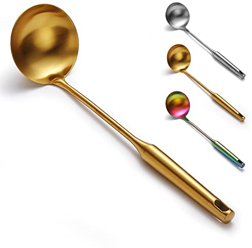 Evanda Mestolo da zuppa in acciaio inossidabile dorato, cucchiaio da portata, per ristorante e cucina casalinga, sicurezza lavastoviglie