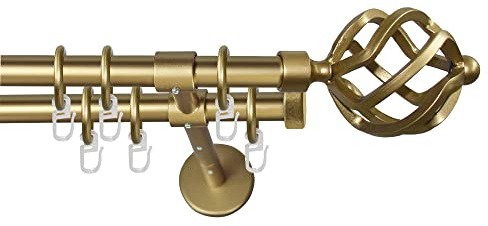 Garesa Gardinenstange Rustika Ø 16mm, 2-läufig, Gold, matt I Rustikale Vorhangstange aus Metall inkl. Ringe + Faltenlegehaken I Mit Endknopf Korb I 270cm