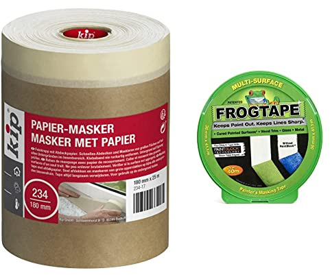 Kip Pre-Taped Paper Masker Cover Material for Surface Protection 180 mm x 25 m & Frog Tape Green Multi Surface Painters Masking Tape, Indoor Painting and Decorating