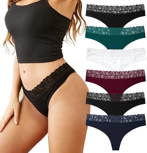 INNERSY String Femme Sexy Chic Culotte Dentelle Tanga Coton Extensible Thong Multicolore Lot de 6 (S, 2 Noir/Vert/Rouge/Bleu/Blanc)