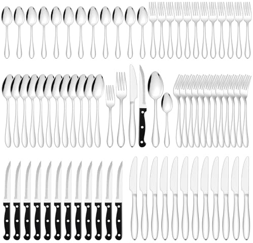Joyfair 72 pezzi Set di posate in acciaio inox con coltello da bistecca - per 12 persone con forchetta, coltello, cucchiaio - elegante per famiglia/ristorante/bistro/feste - lavabile in lavastoviglie
