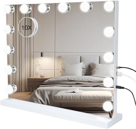 Buildonely Schminkspiegel mit Beleuchtung, 14 LED Licht Dimmbare mit 3 Farbtemperatur, Hollywood Spiegel mit Beleuchtung, Wandspiegel mit Touch Control, Tischspiegel mit 10X Vergrößerung - 50 x 42 cm