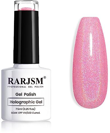 RARJSM Hot Pink Holographic Gel Nail Polish Laser Rainbow Glitter Reflective Iridescent Gel Polish Curing Required Unicorn Mirror Chrome Effect Soak off for Summer DIY Salon Home Manicure 7.5ML