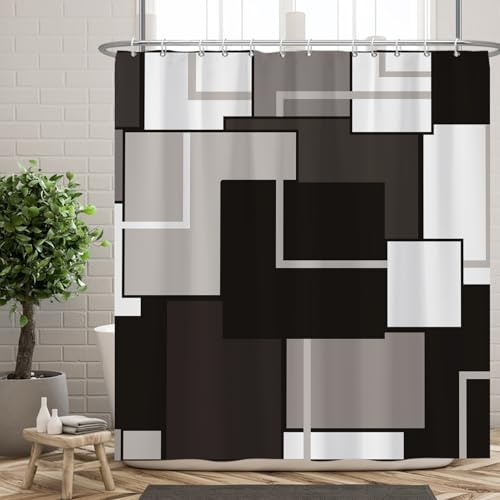 Ttincceer Schwarz Geometrischer Duschvorhang 180x200cm Abstrakt Schwarz Weiß Grau Gitter Moderner Duschvorhang Minimalistisch Mid-Century Badezimmer Kunst Vorhang Wasserdicht
