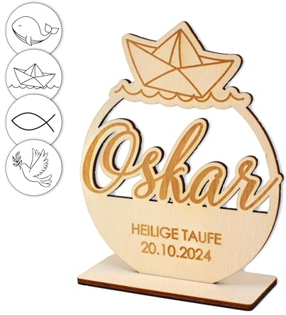 FEENSTAUB Tischdeko Taufe, personalisierter Tischaufsteller aus Holz, Deko Tauffeier, Holzdeko mit Namen, Cake Topper mit Taufsymbol, Topper Taufe Name personalisiert