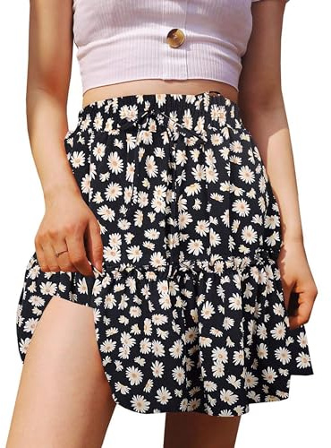Jupe courte plissée pour femme Boho d'été avec élastique taille haute pour les vacances à la plage avec cordon de serrage et volants fleuris Mini-jupe', Noir , L