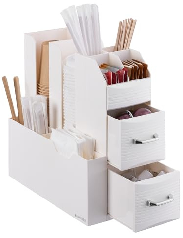 Navaris Cream Coffee Station Organizer - Tea & Coffee Organizer with Storage Compartments - Ideal for Bar, Cart, Countertop, Kitchen, Office