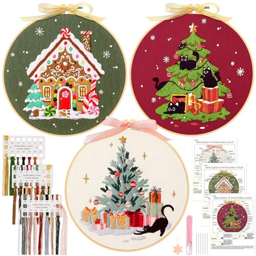 JSRQT 3 Pezzi DIY Kit di Ricamo Starter Natale Set da per Principianti Adults Christmas a Mano a Punto Croce Artigianale con Istruzioni Embroidery Artigianato