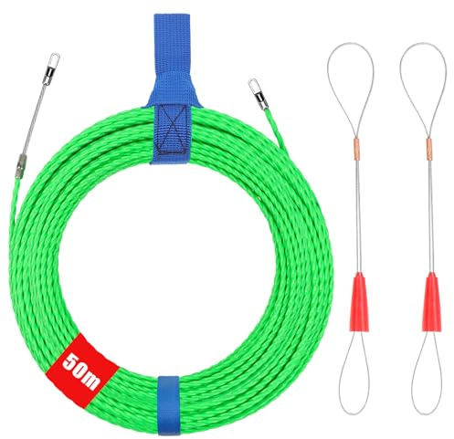 Pasacables Trenzada 50 m, Enhebrador de Alambre Electrico Diámetro 4 mm, Guia Pasacables Dispositivo con 2 Muelle de Guía, Kit de Enhebrado de Cables para Colocación de Cables, Verde