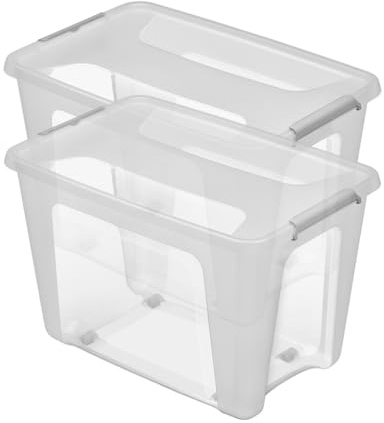 Kreher® Aufbewahrungsbox mit Deckel (2x56L) Robuste Transportbox, Kleiderbox, Kunststoffbox mit Deckel und Rollen, Stapelbar, lebensmittelecht und BPA-frei! Aus Kunststoff in Transparent.