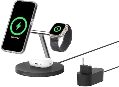 Belkin BoostCharge Caricatore 3 in 1 con Qi2, base di ricarica wireless compatibile con MagSafe, caricatore iPhone 17, Air, Pixelsnap, Apple Watch e AirPods, alimentatore incluso - Nero