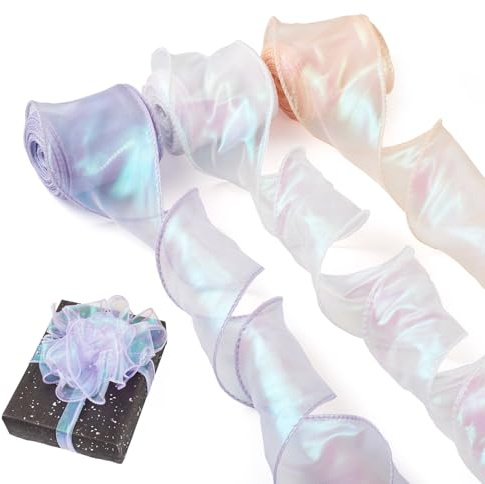 Crafans 3 Rollen irisierende Organzabänder aus glänzendem Polyester, 60 mm breit, transparente Gazebänder zum Verpacken von Geschenken, Hochzeiten, Pfirsich, Lila, Weiß