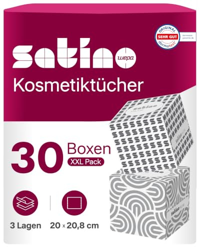 30 x Kosmetiktücher Box – 3-lagig - 30 x 60 Blatt – Kosmetiktücher 3lagig – 1.800 Stk. - 30 Boxen mit 60 Tücher – supersoft – Made in Germany - Satino