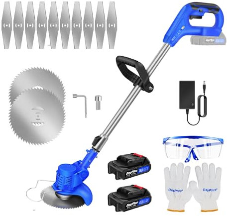 21V Coupe Bordure sans Fil avec Batterie, Coupe-Herbe électrique,Débroussailleuse à Gazon sans balais,Tête Orientable à 90°, Hauteur Réglable(2xbatteries /Bleu)