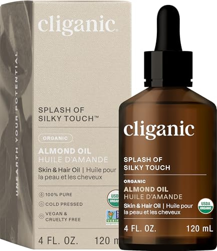 Cliganic Organic Sweet Almond Oil, 100% Pure (4oz) - for Face, Skin & Hair, Nourishing Carrier Oil