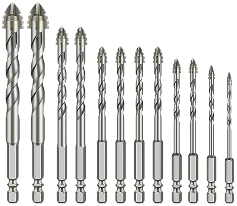 Powerbit Lot de 12 forets excentriques à dents de scie à 4 tranchants pour carrelage, verre, porcelaine, céramique, béton, brique murale 3/4/5/6/8/12 mm