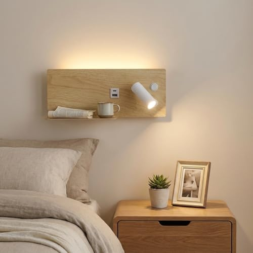 Alpinaluz Applique Mural avec Spot Droit, Lumière LED de Lecture et d'Ambiance 2700K, USB-C et USB-A, Étagère pour Téléphone, Acier avec Finition Bois Clair, Double Interrupteur pour Chambre Tête