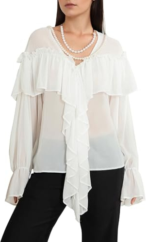 Damen Casual V-Ausschnitt Chiffon Blusen Elegant Langarm Rüschen Sheer Shirt Loose Fit Ausgehen Top Ästhetische Kleidung, A-Elfenbein, S