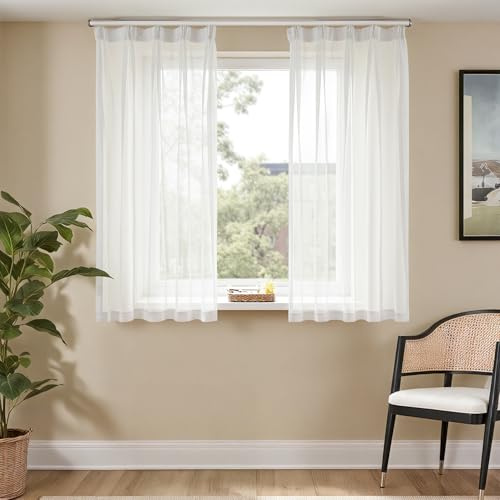 TOPICK Gardinen mit Kräuselband Vorhänge transparent Curtains 145x140 cm 2er Set Gardinen Wohnzimmer modern Vorhänge Schlafzimmer Gardinenschals Fensterdekoration Übergardinen Fenstervorhang Weiß