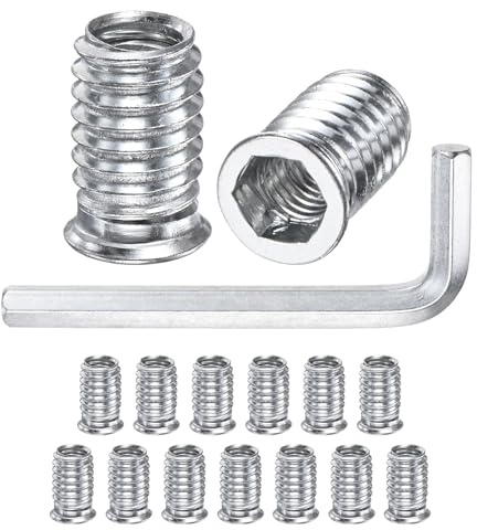 M METERXITY 15-Pack Threaded Inserts for Wood, 3/8-16 x 25mm Hex Drive Threaded Insert Nuts with a Wrench for Wood Furniture, Threaded Screw-in Nuts [Silver Tone]