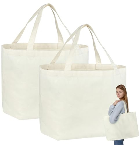 HOCUCHELAND 2 Stück Baumwolltasche, Einkaufstasche Groß 45x35x15 cm, Verdicken Stoffbeutel Groß mit Taschenboden 15cm Breit, Tragbare Tasche Gross Stoff für Einkauf, Reisen und Alltag