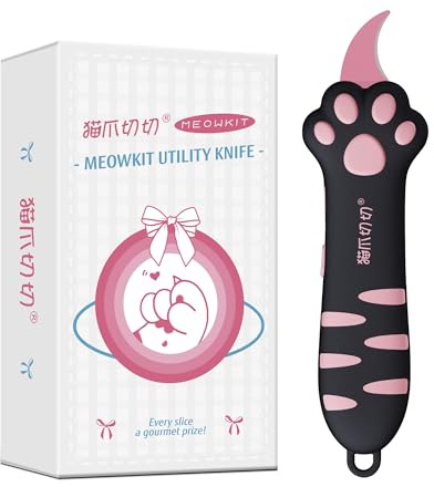MEOWKIT Skärkniv, infällbar boxöppnare med non-stick-beläggning rostfritt stålblad och katttasshandtag, universalkniv för att öppna låda, kuvert, brev och kuponger (svart och rosa)