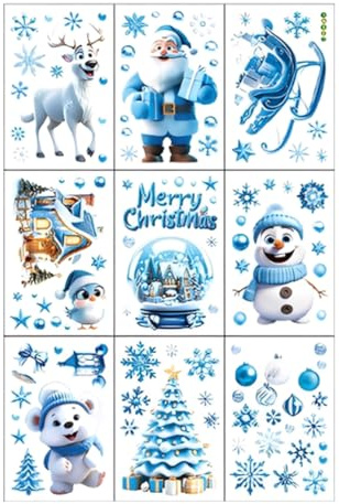 WUSJCOF 9 Pezzi Adesivi Natalizi per Finestre, Adesivi in PVC Elettrostatici, Decorazioni per Finestre con Alberi di Natale, Renne, Pupazzo di Neve, Babbo Natale e Fiocchi di Neve
