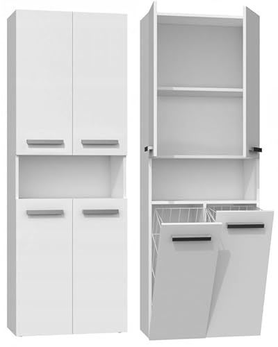 roe furniture Badezimmerschrank 60 cm, Hochschrank mit 2 Körben und offenen sowie geschlossenen Ablagen, Beistellschrank mit Türen, Badmöbel für Stauraum und Ordnung, Weiß Matt