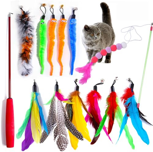 Set giocattolo gatto 12 pezzi retrattile canna da pesca gatto 10 giocattoli di piume per gatti di ricambio con campana, giochi gatto appartamento, interattivi per interni gatti e gattini