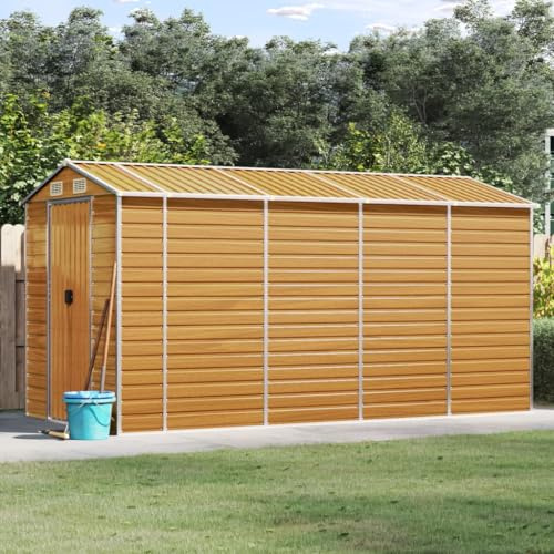 Iiaky Casetta per Attrezzi in Metallo con Tetto a Uno spiovente Capanno Attrezzi da Giardino Rimessa per Attrezzi da Esterno in Acciaio Zincato-Marrone chiaro-191 x 385 x 198 cm
