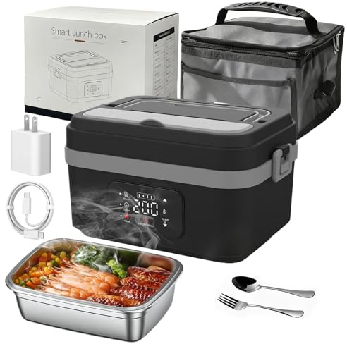 Gamelle Chauffante avec Batterie, 1L Lunch box Chauffante, Chauffage Programmable, 60W, 2*4000mAh Rechargeable Batterie, avec Minuterie et Sac Isotherme, pour Travail, Voiture, Chantier (Gris)