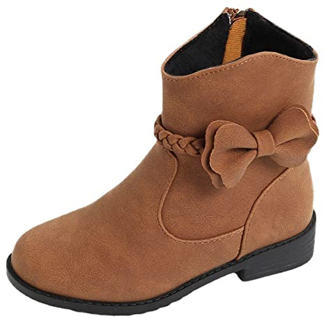2026 Damen Schneestiefel Mädchen Schleife Geflochten Detail Reißverschluss Seite Western Kinder Knöchel Niedriger Absatz Reitstiefel mit Reißverschluss, braun, 27 EU