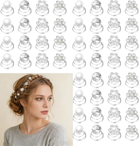 Z-YUEZ 48 Pcs Diamond Spiral Pearl Flower Jewels Hair Pins Sticks Silver Rhinestone Diamond Hair Pins Gems Coil Pearl Spiral Hair Accessories for Wedding Bridal Prom Party with Clear Container