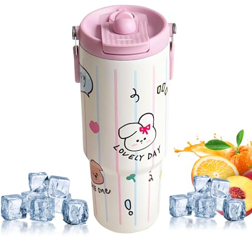 Botella con aislamiento térmico – Vaso reutilizable de 900 ml con popote y asa, recipiente de agua portátil a prueba de fugas para café, té, , ideal para viajes, escuela, gimnasio, oficina