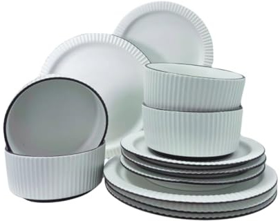 Juego de Vajilla de 12 Piezas, Platos y Cuencos de Porcelana Blanca, Diseño Acanalado, Set de Servicio para 4 Personas