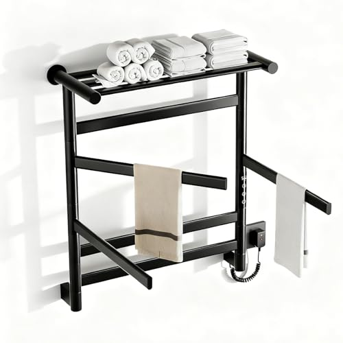 WFCTG Procédé De Revêtement Par Poudre - Scaldasalviette elettrico, 66 x 55 cm, con ripiano, tubo interno girevole, con timer, scaldasalviette elettrico da 360 W, colore: Nero
