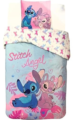 Parure de Lit Stitch, Housse de Couette Disney Lilo et Stitch - 140 x 200 cm + Taie d'oreiller 65 x 65 cm, 100% Coton (Bleu & Rose)