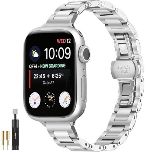 NINKI remmar för Apple Watch 42 mm 46 mm, lyxiga metalliska länkarmband med justerbart spänne, elegant rostfritt stål länkrem metall ersättningsband för iWatch serie 11, 46mm, Rostfritt stål