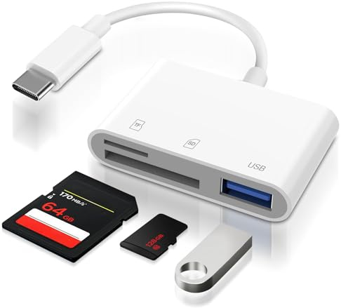 Lector de tarjetas USB C SD 3 en 1 USB 2.0, adaptador de tarjeta SD USB C y lector de tarjetas MicroSD con ranura dual y USB-A, adaptador de tarjeta de memoria a USB C para iPhone 15/16/17, iPad