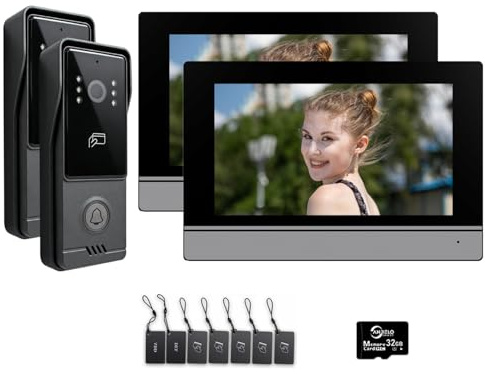 Sistema de videoportero de 4 cables para viviendas unifamiliares, cámara videoportero con monitor WiFi de 7 pulgadas, audio bidireccional, fácil instalación (2 campana + 2 monitor)