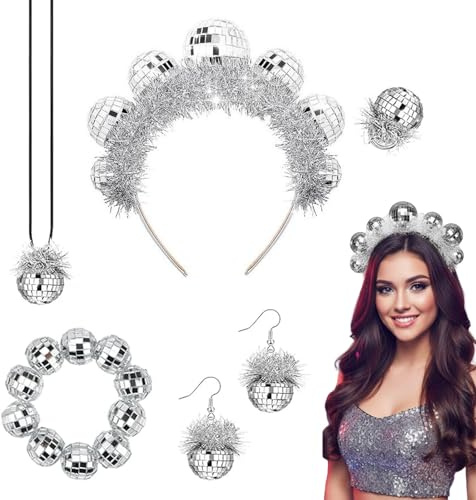 Discokugel Haarreif Set, 5 Stück Discokugel Kostüm, Discokugel Kostüm | Damen Ohrringe Armband Ringe und Halskette für Fasching Karneval Partyzubehör Fotografie Requisiten Disco Kostüm