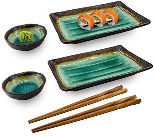 Happy Sales HSST-6CDTQDR, 6 PC Japanese Sushi Plate Dinnerware set, Caldera Turquoise