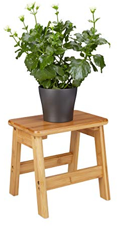 Relaxdays Sgabello Rustico, bambù, Colonna per Piante e Fiori, HxLxP: 27 x 29 x 24 cm, Panchetto Basso, Marrone Chiaro