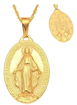 BOBIJOO JEWELRY – liten berlock halskedja medalj jungfru Maria stål, guld, kvinna, flicka, barn + kedja, Legerat stål, Ingen ädelsten