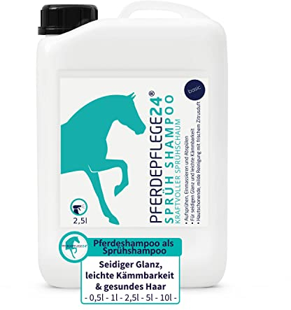 Pferdepflege24 Mildes Pferdeshampoo als Sprühshampoo - Basis Pferde Shampoo 0,5l, 1l, 2,5l, 5l & 10l Liter pH Neutral - Seidiger Glanz, leichte Kämmbarkeit & gesundes Haar
