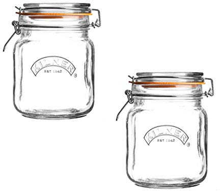 Kilner Square Glass Clip Top Jar with Airtight Rubber Seal, 1 Litre - 2 Pack