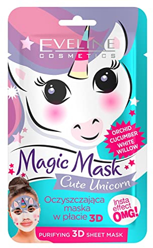 Eveline Cosmetics Maschera 3D Cute Unicorn - Maschera Viso Detergente e Idratante con Orchidea, Cetriolo ed Estratti di Salice per una Pelle Radiosa