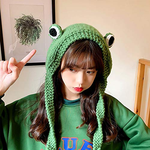CHENJIE Froschmütze, gehäkelt, gestrickt, für draußen, Herbst, großes Auge, Frosch, Winter, niedlich, Ohrenschutz, Beanie-Mütze, Strickmützen (grün)